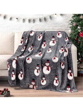 Christmas Snowman Throw Blanket Grey Fleece Plush Warm Winter Couch Sofa Bed